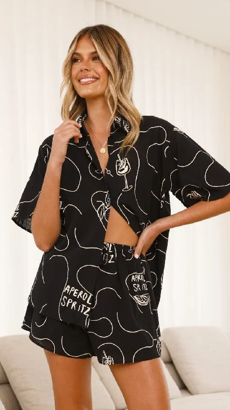Bold fashion choices for the confident woman   Charli Button Up Shirt and Shorts Set - Black / Beige Aperol