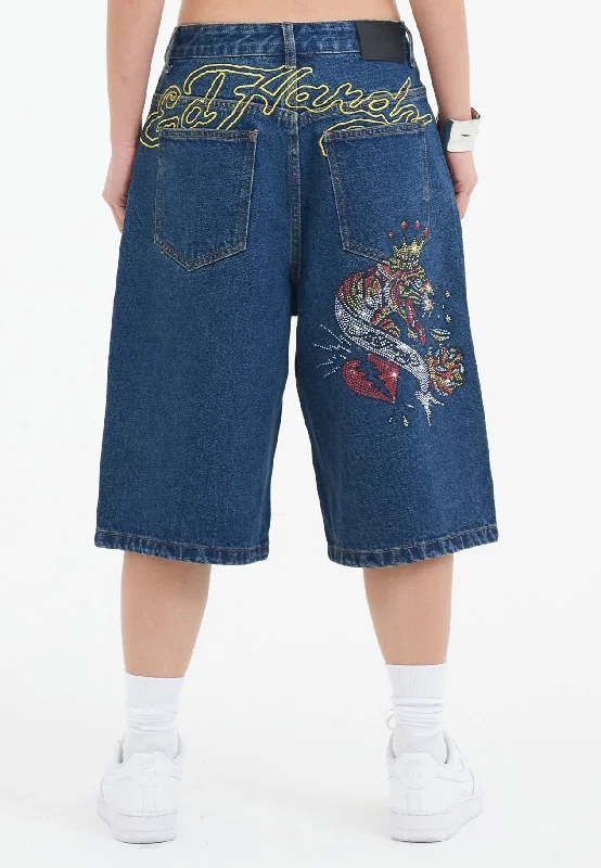 Stylish plus-size clothing for women   Womens Tiger King Diamante Denim Jorts Shorts  - Indigo
