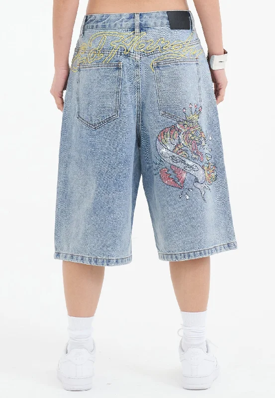 Stylish women’s clothing designed for comfort   Womens Tiger King Diamante Denim Jorts Shorts  - Bleach