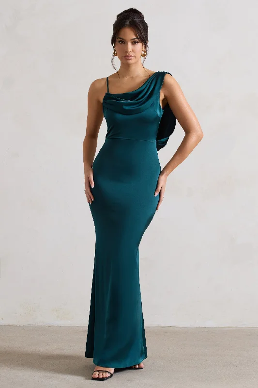 Bold and sophisticated looks for every woman   Wistful | Dark Green Satin Asymmetric Cowl-Neck Maxi Dress