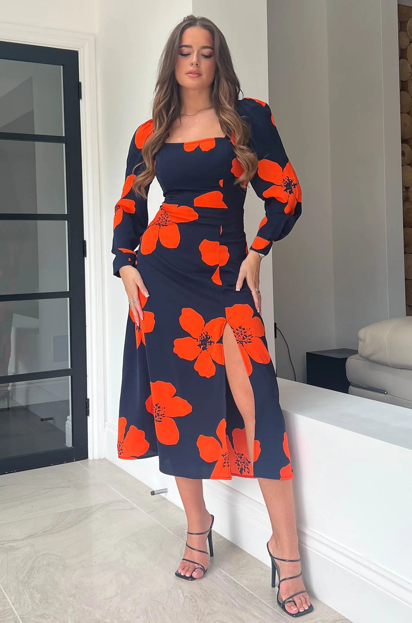 Stylish women’s clothing designed for comfort   Breanna Navy & Orange Floral Square Neck Midi Dress