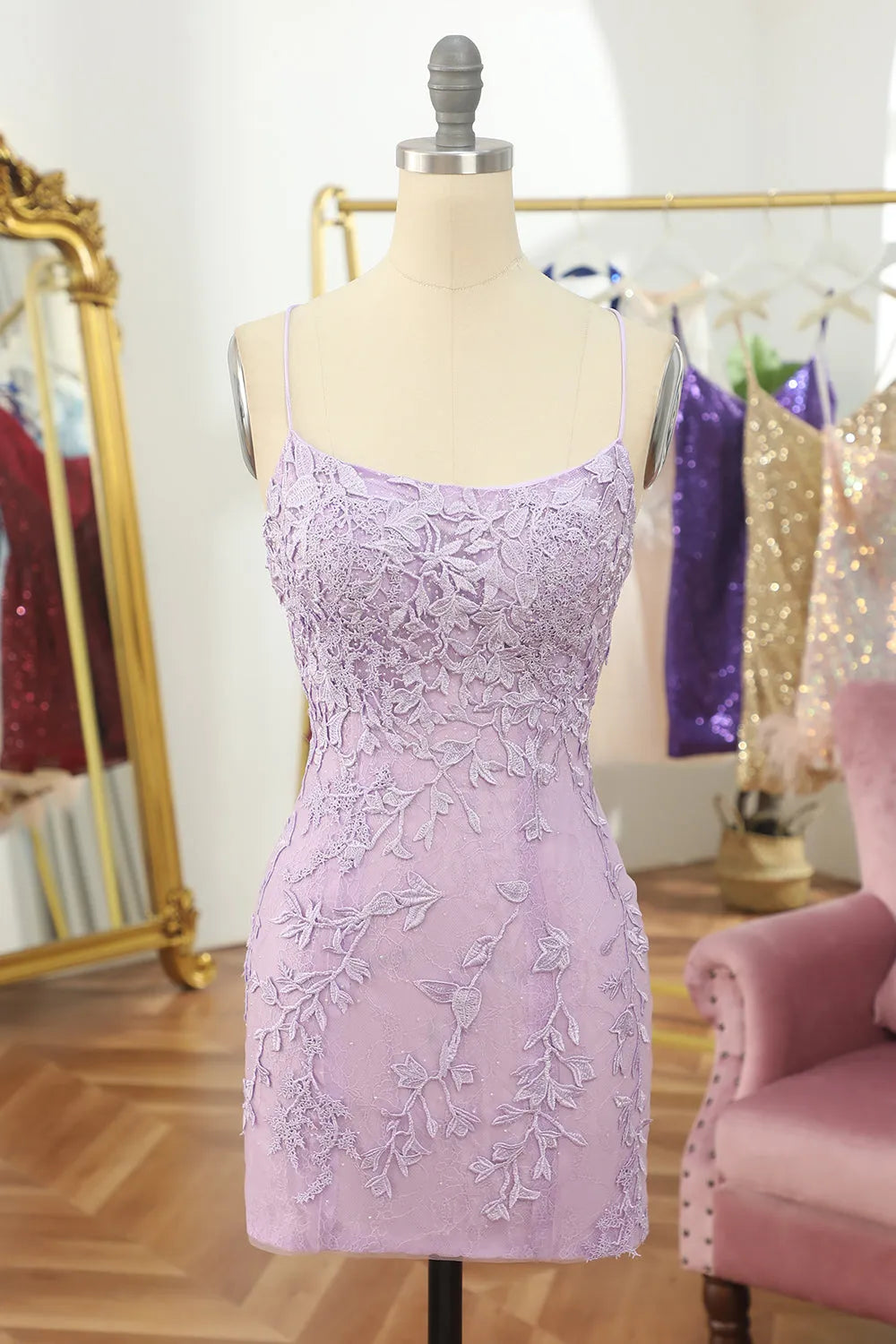 Essential women’s clothing for every season   Purple Spaghetti Straps Backless Tight Homecoming Dress With Appliques