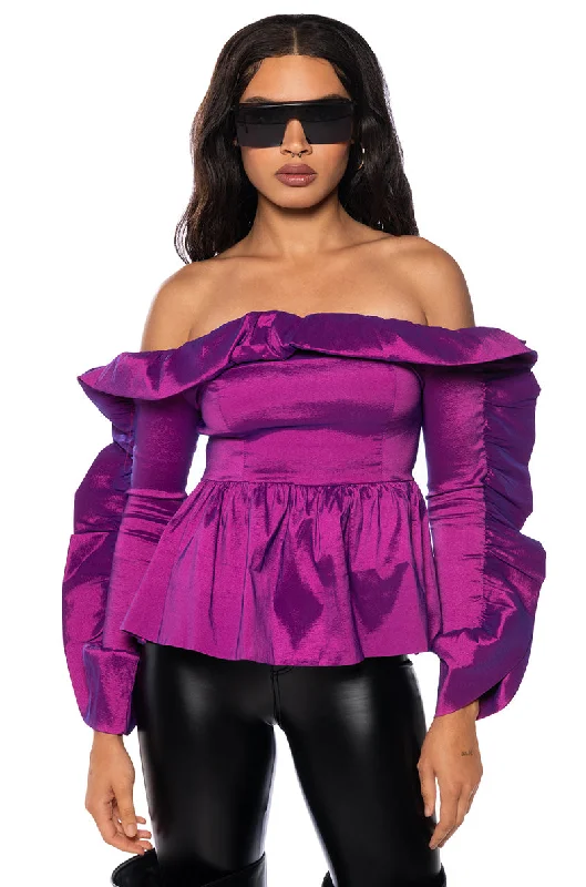 Women’s fashion that reflects your personality   PEYTON TAFFETA RUFFLE DETAIL OFF THE SHOULDER BLOUSE