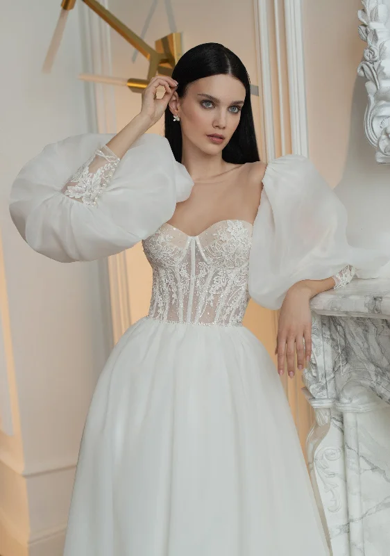 Elevate your style with fashionable women’s clothing   Strapless Wedding Gown with Removable Puffy Sleeves