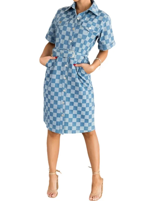 Curated collections of sophisticated women’s wear   Checkered Denim Dress In Blue