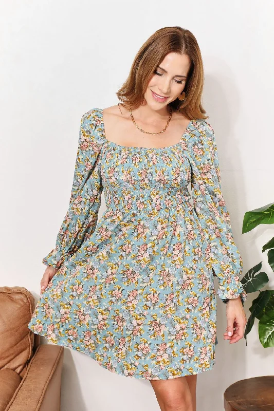Summer-ready fashion for stylish women   Floral Smocked Flounce Sleeve Square Neck Dress