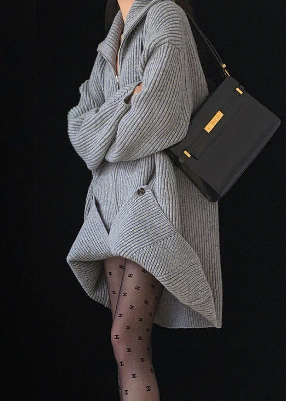 The ultimate guide to stylish women’s fashion   Loose Grey Peter Pan Collar Zip Up Knit Sweater Dress Fall