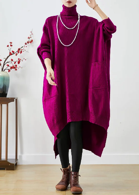 Luxurious fabrics and modern designs for women   Purple Oversized Knit Sweater Dress Turtle Neck Asymmetrical Batwing Sleeve