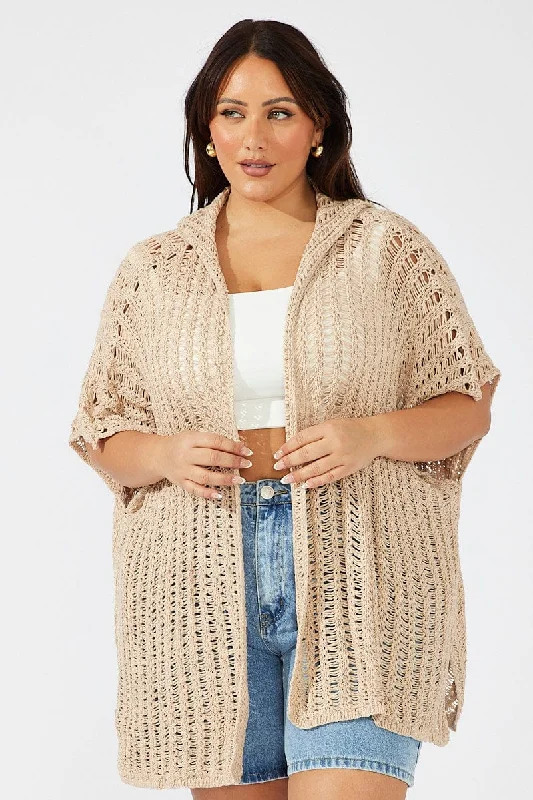 Clothing that’s as bold as you are   Beige Hooded Crochet Cardigan Short Sleeve