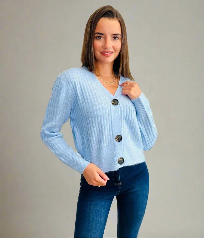 Chic and comfortable clothing for busy women   Blue Ribbed Knit Button Cardigan