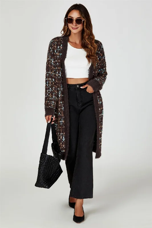 Fashionable, yet affordable women’s apparel   Boucle Check Cardigan In Brown With Multicolour Speckles