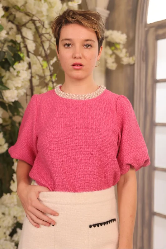 Timeless women’s fashion for any occasion Petite Pearl Trim Short Sleeve Tweed Top (Pink) Timeless women’s fashion for any occasion Petite Pearl Trim Short Sleeve Tweed Top (Pink)