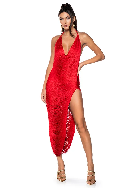 Designer-inspired women’s fashion at affordable prices   GIANINA FRINGED COWL NECK MAXI DRESS IN RED